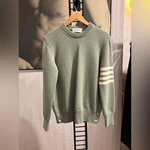 Thom Browne Sage Green Crewneck Sweater with 4 White Stripes